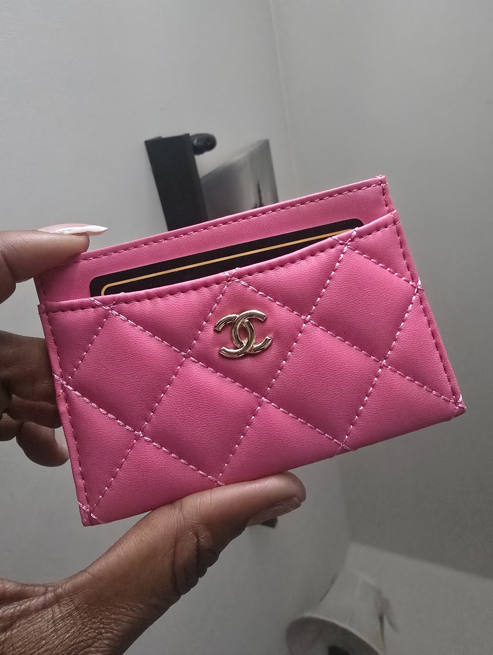 Sleek Street Designer Quilted Hot Candy Pink Card Holder with Gold Logo